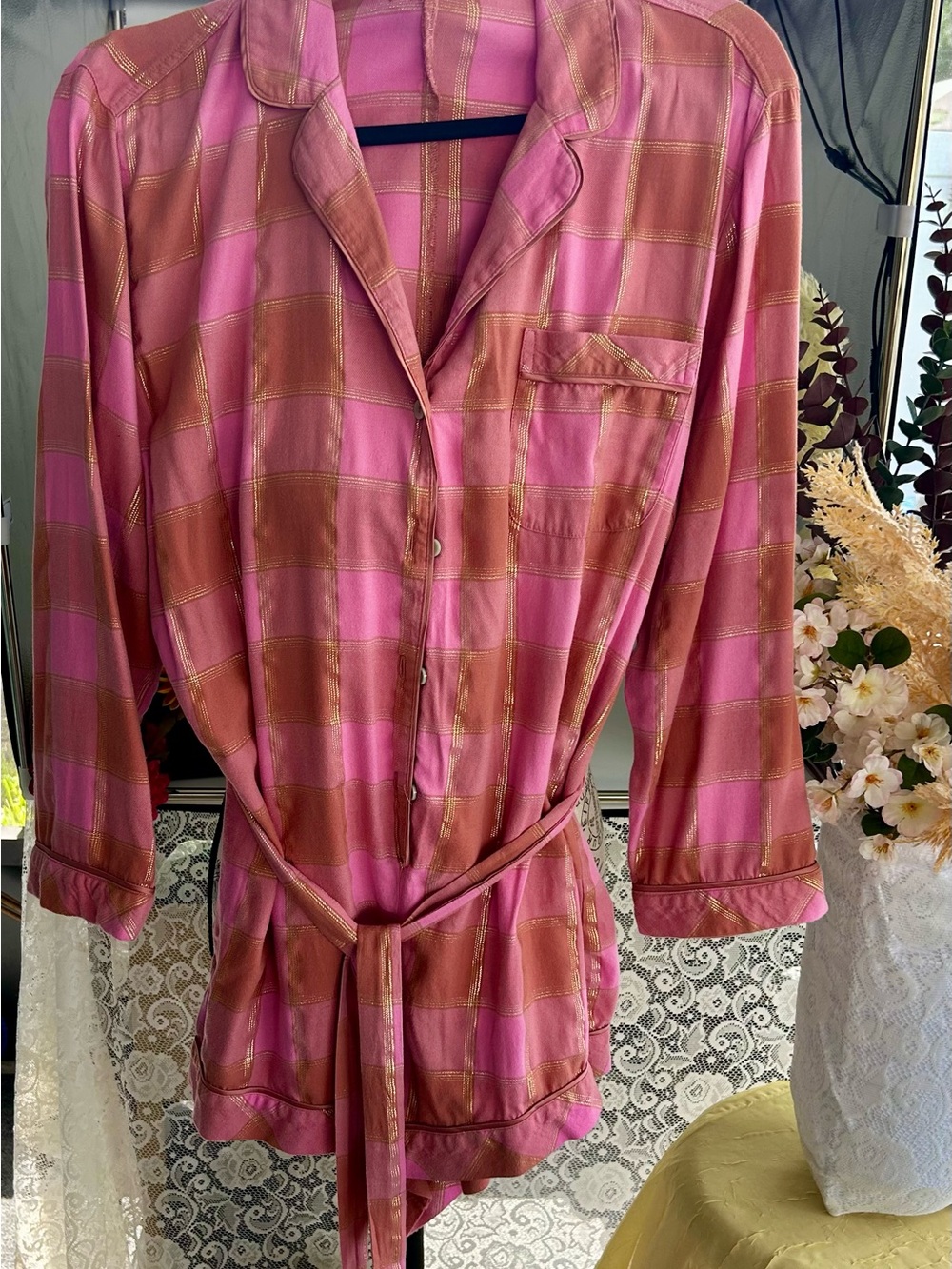 Victoria's Secret Fairy Sugarcoated Barbie Pink and Gold Plaid Satin Wrap Robe